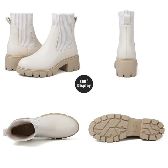 Women's Apricot Chelsea Platform Ankle Boots Fashion Chunky Heel - Picture 2 of 7